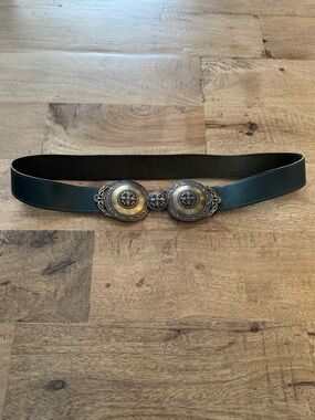 Vintage Leather green Waist Belt with Ornate baroque Buckle